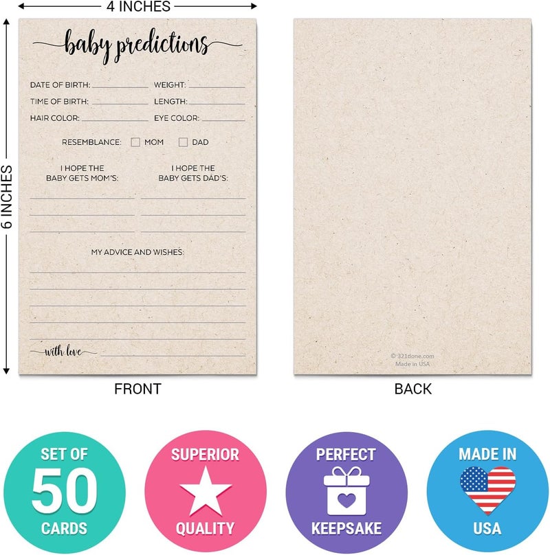321Done Baby Predictions and Advice Cards, Made in USA - 4x6 Tan, Fun Minimalist Baby Shower Games & Activity, Unique Gender Reveal Game - Set of 50 - Image 2